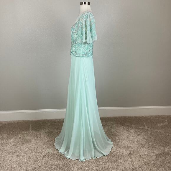 Adrianna Papell Beaded Chiffon Evening Gown Green Size 8 Short Sleeve A-Line - Picture 6 of 13